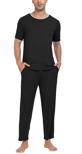 MoFiz Herren Zweiteiliger Schlafanzug/Pajama, Kurzärmelige Tops & Lange Hosen, Weich, Einfarbig, Langarm Hausanzug Sleepwear, Atmungsaktive Herren Sommer-Herbst Bequeme Nachtwäsche Schwarz-Lang XXL von MoFiz