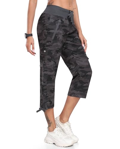 MoFiz Hosen Damen Sommer Cargohose 3/4 Lange Capri Outdoor Tarnhosen Wanderhose Atmungsaktiv Freizeithose mit Reißverschlusstasche Camo Grau XL von MoFiz