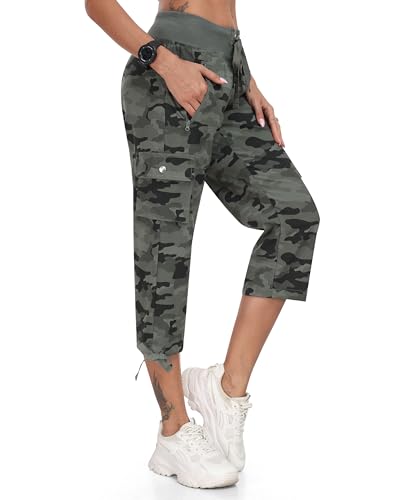 MoFiz Hosen Damen Sommer Cargohose 3/4 Lange Capri Outdoor Tarnhosen Wanderhose Atmungsaktiv Freizeithose mit Reißverschlusstasche Camo Grün XS von MoFiz