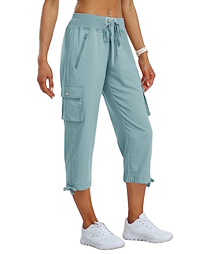 MoFiz Hosen Damen Sommer Cargohose 3/4 Lange Capri Outdoor Wanderhose Atmungsaktiv Freizeithose mit Reißverschlusstasche Graublau L von MoFiz