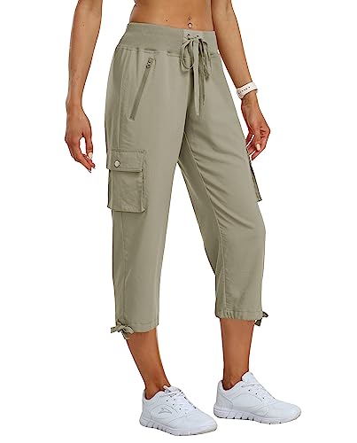 MoFiz Hosen Damen Sommer Cargohose 3/4 Lange Capri Outdoor Wanderhose Atmungsaktiv Freizeithose mit Reißverschlusstasche Graukhaki XS von MoFiz