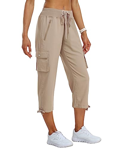 MoFiz Hosen Damen Sommer Cargohose 3/4 Lange Capri Outdoor Wanderhose Atmungsaktiv Freizeithose mit Reißverschlusstasche Khaki XL von MoFiz