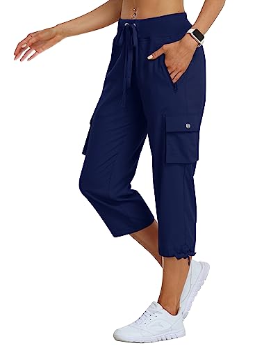 MoFiz Hosen Damen Sommer Cargohose 3/4 Lange Capri Outdoor Wanderhose Atmungsaktiv Freizeithose mit Reißverschlusstasche Marineblau XL von MoFiz