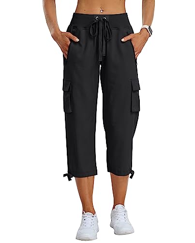 MoFiz Hosen Damen Sommer Cargohose 3/4 Lange Capri Outdoor Wanderhose Atmungsaktiv Freizeithose mit Reißverschlusstasche Schwarz M von MoFiz