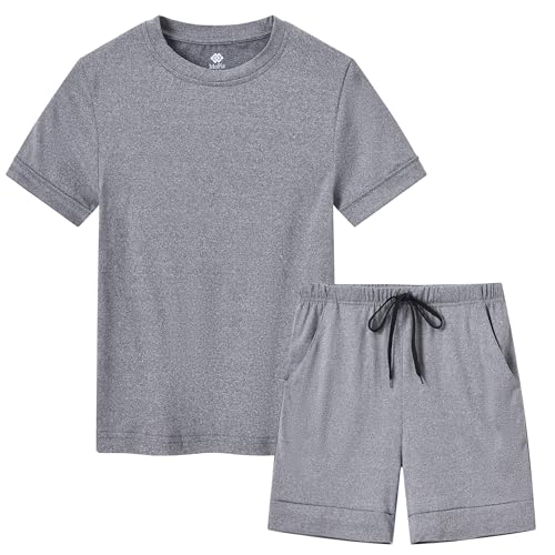 MoFiz Jungen Schlafanzug Kurz Kinder Pyjama-Set Weich Bequem Kurzarm Shirt und Schlafhose Kurz Nachtwäsche Hausanzug Set Dunkelgrau Größe XL (DE 164-176) von MoFiz