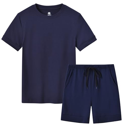 MoFiz Jungen Schlafanzug Kurz Kinder Pyjama-Set Weich Bequem Kurzarm Shirt und Schlafhose Kurz Nachtwäsche Hausanzug Set Marineblau Größe XL (DE 164-176) von MoFiz