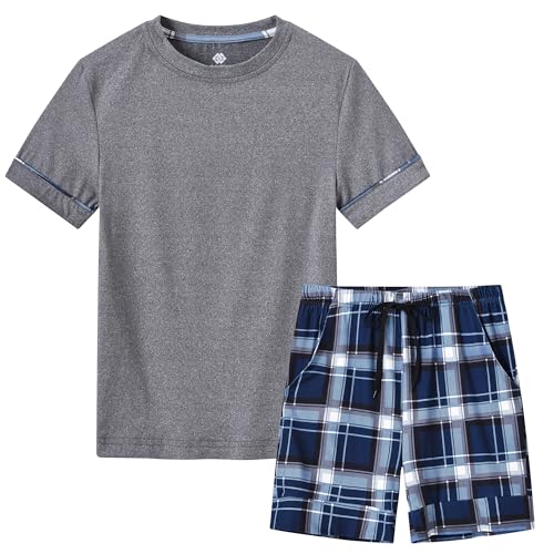 MoFiz Jungen Schlafanzug Kurz Kinder Pyjama-Set Weich Niedlich Kurzarm Shirt und Karierte Schlafhose Kurz Nachtwäsche Hausanzug Set Dunkelgrau Größe XL (DE 164-176) von MoFiz