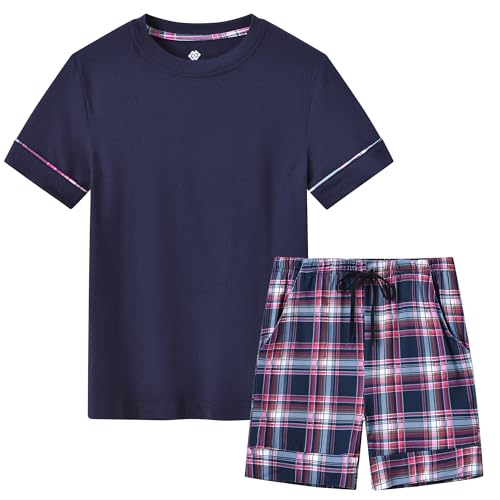 MoFiz Jungen Schlafanzug Kurz Kinder Pyjama-Set Weich Niedlich Kurzarm Shirt und Karierte Schlafhose Kurz Nachtwäsche Hausanzug Set Marineblau Größe S (DE 128-140) von MoFiz