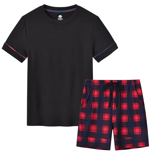 MoFiz Jungen Schlafanzug Kurz Kinder Pyjama-Set Weich Niedlich Kurzarm Shirt und Karierte Schlafhose Kurz Nachtwäsche Hausanzug Set Schwarz Größe S (DE 128-140) von MoFiz