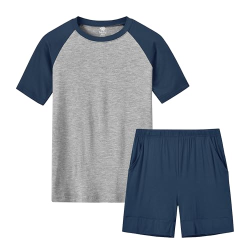 MoFiz Jungen Schlafanzug Kurz Pyjamaset Zweiteiliger Set Weich Hausanzug Rundhals T-Shirt und Schlafshorts Kinder Sommer Nachtwäsche Blau S (DE 128-140) von MoFiz