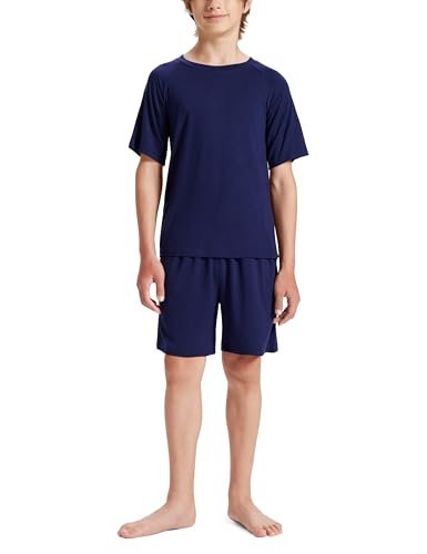 MoFiz Jungen Schlafanzug Kurz Pyjamaset Zweiteiliger Set Weich Hausanzug Rundhals T-Shirt und Schlafshorts Kinder Sommer Nachtwäsche Einfarbig Marineblau M (DE 140-152) von MoFiz
