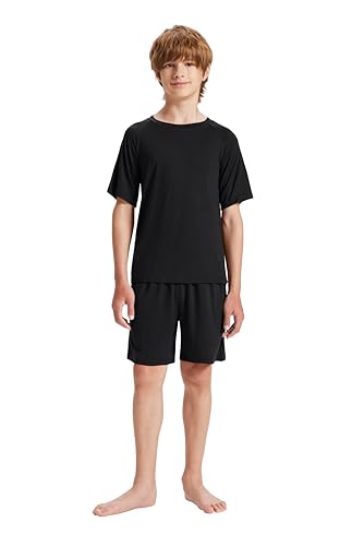MoFiz Jungen Schlafanzug Kurz Pyjamaset Zweiteiliger Set Weich Hausanzug Rundhals T-Shirt und Schlafshorts Kinder Sommer Nachtwäsche Einfarbig Schwarz L (DE 152-164) von MoFiz