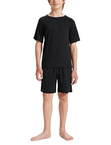 MoFiz Jungen Schlafanzug Kurz Pyjamaset Zweiteiliger Set Weich Hausanzug Rundhals T-Shirt und Schlafshorts Kinder Sommer Nachtwäsche Einfarbig Schwarz S (DE 128-140) von MoFiz