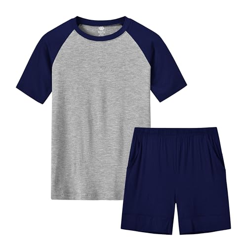 MoFiz Jungen Schlafanzug Kurz Pyjamaset Zweiteiliger Set Weich Hausanzug Rundhals T-Shirt und Schlafshorts Kinder Sommer Nachtwäsche Marineblau L (DE 152-164) von MoFiz