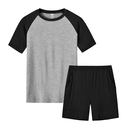 MoFiz Jungen Schlafanzug Kurz Pyjamaset Zweiteiliger Set Weich Hausanzug Rundhals T-Shirt und Schlafshorts Kinder Sommer Nachtwäsche Schwarz L (DE 152-164) von MoFiz