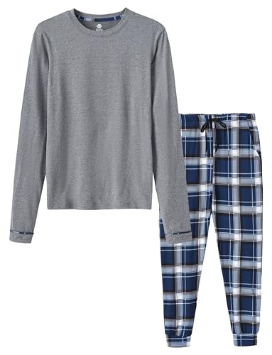 MoFiz Jungen Schlafanzug Lang Pyjama-Set Kinder Weich Niedlich Langarm Shirt und Karierte Schlafanzughose Lang Nachtwäsche Loungewear Hausanzug Set Grau Größe M (DE 140-152) von MoFiz