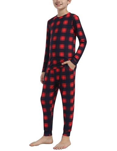 MoFiz Jungen Schlafanzug Lang Pyjama-Set Kinder Weich Niedlich Langarm Shirt und Karierte Schlafanzughose Lang Nachtwäsche Loungewear Hausanzug Set Kariert Rot Größe XL (DE 164-176) von MoFiz