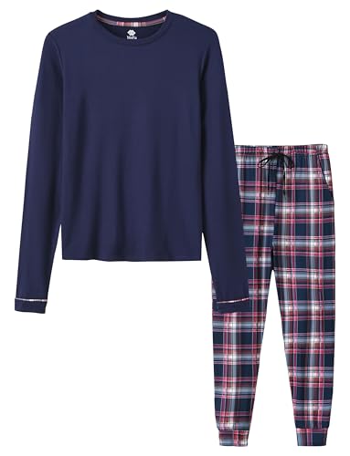 MoFiz Jungen Schlafanzug Lang Pyjama-Set Kinder Weich Niedlich Langarm Shirt und Karierte Schlafanzughose Lang Nachtwäsche Loungewear Hausanzug Set Marineblau Größe M (DE 140-152) von MoFiz