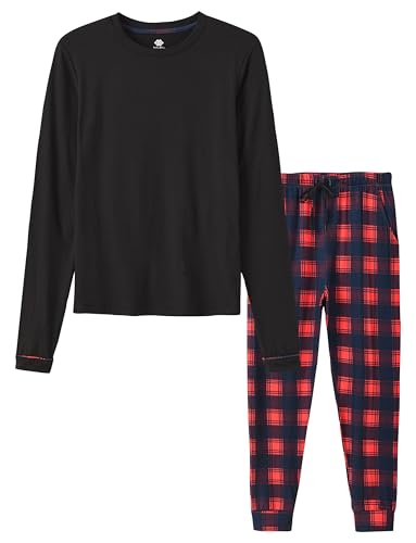 MoFiz Jungen Schlafanzug Lang Pyjama-Set Kinder Weich Niedlich Langarm Shirt und Karierte Schlafanzughose Lang Nachtwäsche Loungewear Hausanzug Set Schwarz Größe M (DE 140-152) von MoFiz