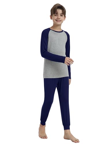 MoFiz Jungen Schlafanzug Lang Pyjamaset Zweiteiliger Set Weich Hausanzug Rundhals Kinder Nachtwäsche Marineblau S (DE 128-140) von MoFiz