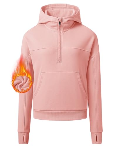 MoFiz Kapuzenpullover Damen Hoodie Kurz Sweatshirt Warm Fleece Futter Casual Einfarbig Winter Herbst Fleecepullover Basic Rosa S von MoFiz