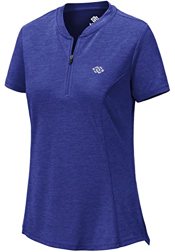 MoFiz Kurzarmshirt Damen Sportshirt Fitness Tops Einfarbig Sweatshirt Casual Laufshirt mit Halb Reißverschluss Blau XS von MoFiz