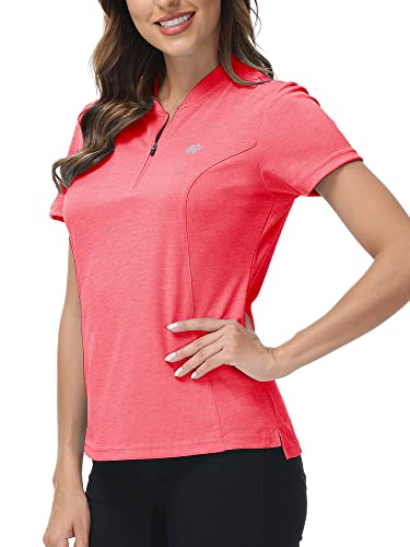 MoFiz Kurzarmshirt Damen Sportshirt Fitness Tops Einfarbig Sweatshirt Casual Laufshirt mit Halb Reißverschluss Rotorange M von MoFiz