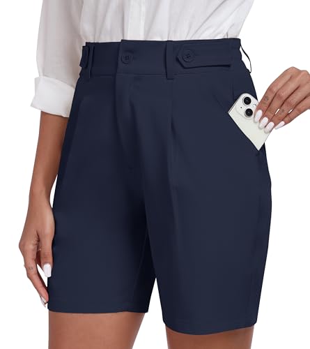 MoFiz Kurze Hose Damen Bermuda Shorts Elegante Plissee Arbeit Business Büro Anzughosen Kurz Elastische Taille Sommer Golf Shorts mit 4 Taschen Marineblau Größe EU L von MoFiz