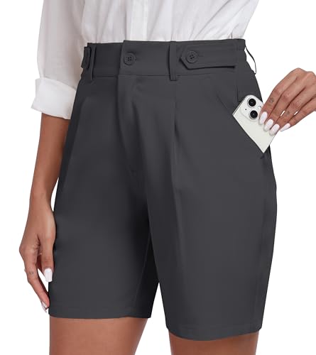 MoFiz Kurze Hose Damen Bermuda Shorts Elegante Plissee Arbeit Business Büro Anzughosen Kurz Elastische Taille Sommer Golf Shorts mit 4 Taschen Dunkelgrau Größe EU M von MoFiz