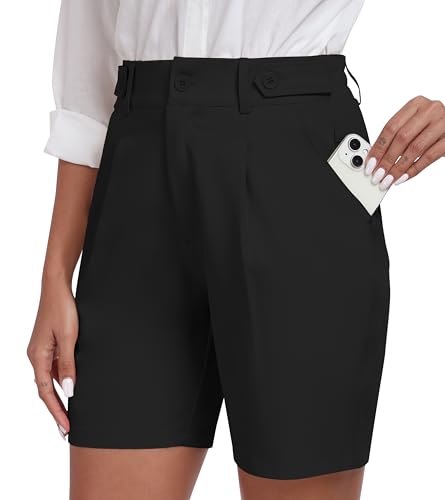 MoFiz Kurze Hose Damen Bermuda Shorts Elegante Plissee Arbeit Business Büro Anzughosen Kurz Elastische Taille Sommer Golf Shorts mit 4 Taschen Schwarz Größe EU L von MoFiz