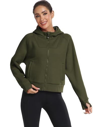 MoFiz Laufjacke Damen Trainingsjacke Sportjacke Fleecejacke Hoodies Sweatjacke mit Reißverschluss fur Herbst Winter Grün L von MoFiz