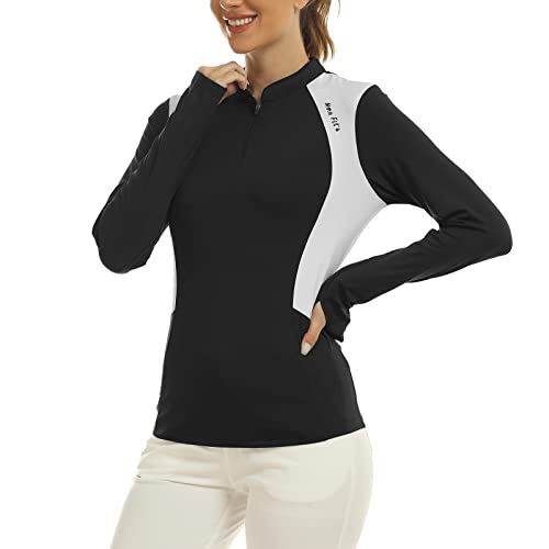 MoFiz Laufshirt Damen Langarm Leicht Atmungsaktiv Polo für Sport Wintershirts mit Stehkragen Schwarz L von MoFiz