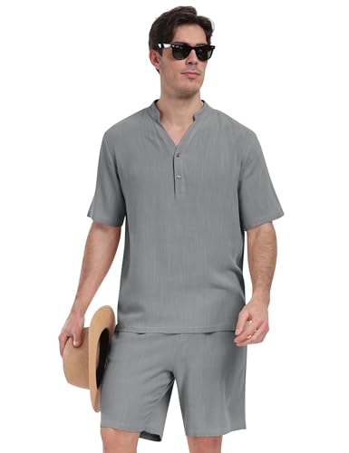 MoFiz Leinenanzug Herren Sommer Casual Beach Set Jogginganzug Kurzarm Trainingsanzug Zweiteiler Button-Up Revers Hemd und Shorts Helles Grau 2XL MoFiz Leinenanzug Herren Sommer Casual Beach Set Jogginganzug Kurzarm Trainingsanzug Zweiteiler Button-Up Revers Hemd und Shorts Helles Grau 2XL von MoFiz