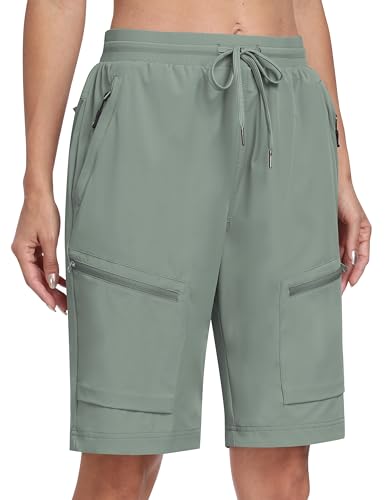 MoFiz Outdoor Shorts Damen Kurze Cargohose Sommer Leicht Wanderhose Schnelltrocknende Bermuda mit Mehrfach-Reißverschluss-Taschen Grün EU 3XL (US 2XL) von MoFiz