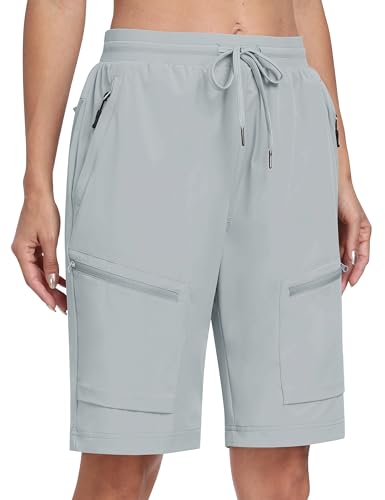 MoFiz Outdoor Shorts Damen Kurze Cargohose Sommer Leicht Wanderhose Schnelltrocknende Bermuda mit Mehrfach-Reißverschluss-Taschen Hellgrau EU L (US M) von MoFiz