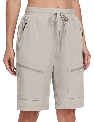 MoFiz Outdoor Shorts Damen Kurze Cargohose Sommer Leicht Wanderhose Schnelltrocknende Bermuda mit Mehrfach-Reißverschluss-Taschen Khaki EU L (US M) von MoFiz