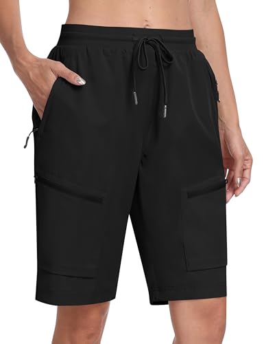 MoFiz Outdoor Shorts Damen Kurze Cargohose Sommer Leicht Wanderhose Schnelltrocknende Bermuda mit Mehrfach-Reißverschluss-Taschen Schwarz EU 3XL (US 2XL) von MoFiz