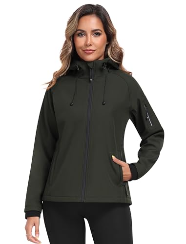 MoFiz Outdoor-Softshelljacken für Damen Wasserdichte Fleece Gefütterte Warme Winterjacke Übergangsjacke Herbst zum Wandern, Camping Grün EU S von MoFiz