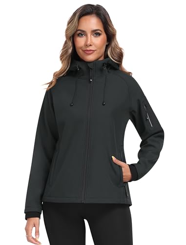 MoFiz Outdoorjacke Damen Fleece Gefütterte Softshelljacke Wasserdicht Winddicht Funktionsjacke Leichte Übergangsjacke mit Kapuze Grau EU L von MoFiz