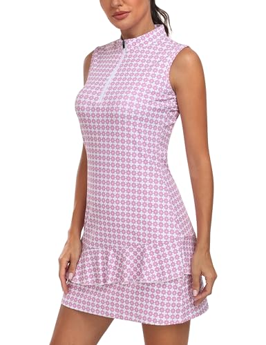 MoFiz Polo Kleid Damen Tenniskleid Sommer Sportkleider Golfkleid Freizeitkleider mit Stehkragen Reißverschluss Rosa XXL von MoFiz