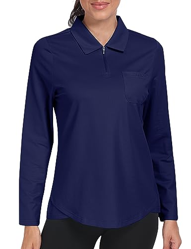 MoFiz Polo Langarmshirt Damen Baumwolle Poloshirt Golf Polohemden Arbeit Polo Langarm Wintershirts Top Marineblau XL von MoFiz