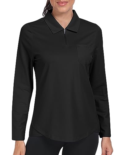 MoFiz Polo Langarmshirt Damen Baumwolle Poloshirt Golf Polohemden Arbeit Polo Langarm Wintershirts Top Schwarz L von MoFiz