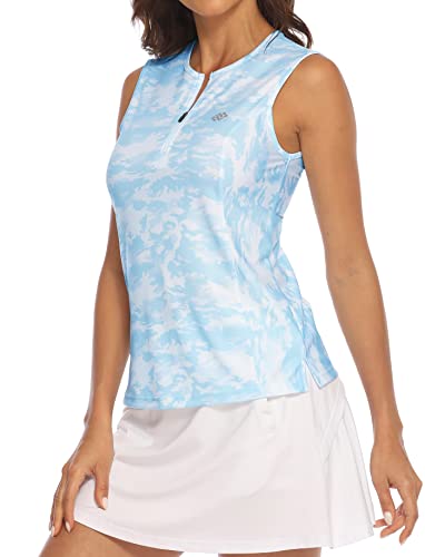 MoFiz Polo Shirts Damen Ärmellose Elegant Sommer T-Shirts Golf Tennis Shirts Mit Reißverschluss Camo Blau XL von MoFiz