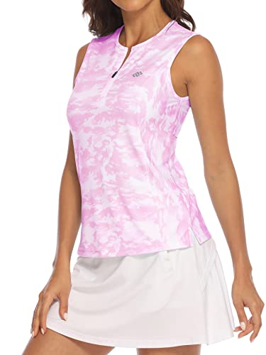 MoFiz Polo Shirts Damen Ärmellose Elegant Sommer T-Shirts Golf Tennis Shirts Mit Reißverschluss Camo Rosa L von MoFiz