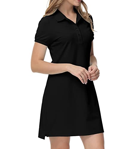 MoFiz Polokleid Kurzarm Damen Golf-Kleider Sommer Freizeitkleider Baumwolle Polokragen Sport Dress Schwarz XS von MoFiz