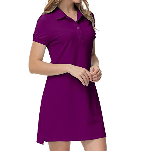 MoFiz Polokleid Kurzarm Damen Golf-Kleider Sommer Freizeitkleider Baumwolle Polokragen Sport Dress Violett L von MoFiz