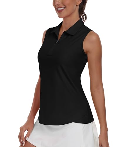 MoFiz Poloshirt Ärmellos Damen Golf Polo Sommershirts Atmungsaktiv Sport Top mit Reißverschluss Schwarz-B XXL von MoFiz