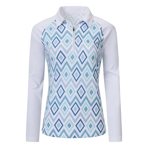 MoFiz Poloshirt Damen Langarm Golf Polohemd Schnelltrocknend Atmungsaktiv Wintershirt Sport Outdoor Shirts für Golf Tennis Blau XL von MoFiz