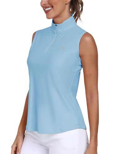 MoFiz Poloshirt Damen Tank Top Sport Armellose Tennis Sommershirts Training Top mit Reißverschluss Blau-A XXL von MoFiz