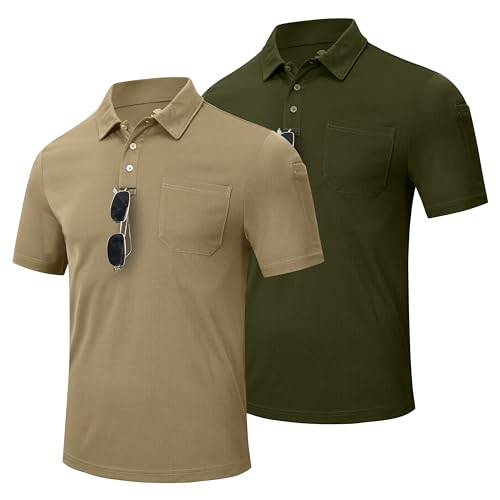 MoFiz Poloshirt Herren Kurzarm Taktisches Polohemd 2er Pack Militär Funktionsshirt Schnelltrocknend Sommer Golf Sport T-Shirt mit Brusttasche Ärmeltasche Khaki & Armeegrün EU L (US M) von MoFiz